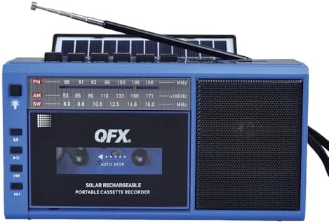 Cassette Player Recorder Boombox with Bluetooth and Solar Panel - AM/FM/SW Radio, USB/TF Card, Earphone Jack, Built-in Mic, LED Light - Portable Retro Tape Player - Blue - QFX