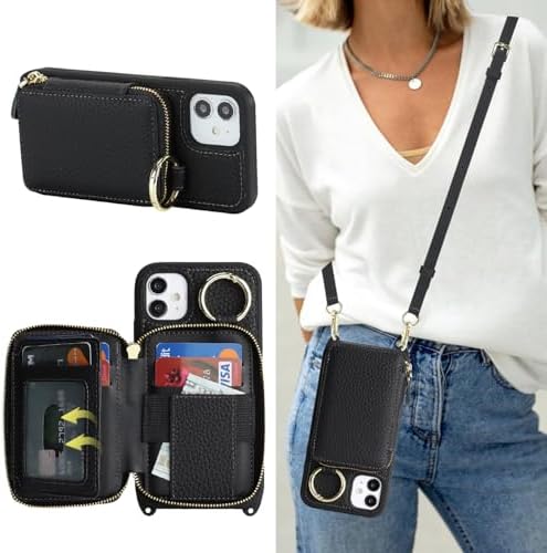 Cavor Genuine Leather for iPhone 11 Wallet Case with Card Holder for Women Men,for iPhone 11 Case with Strap, Crossbody Lanyard and Wristlet Zipper Phone Case-Black