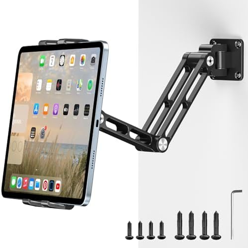 OHLPRO Tablet Wall Mount Holder for iPad with Upgrade 360 Swivel Adjustable 2-Stage Foldable Aluminum Arm, Wall Phone Holder for 5-13" iPhone iPad Tablet, Great for Home Gym Kitchen Office