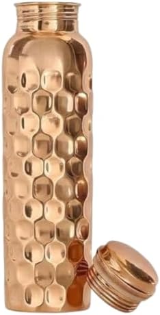 Copper Water Bottle, 34 Oz (1 Liter), Hammered Finish, Leak Proof, Pure Copper, Cylindrical Shape, Ayurvedic Theme