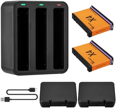 Vemico Battery Charger for 360 X4, 2-Pack 2500mAh X4 Batteries and 3-Channel USB-C Fast Charger Case Compatible with 360 X4 Action Camera Batteries (Not for X4Air)