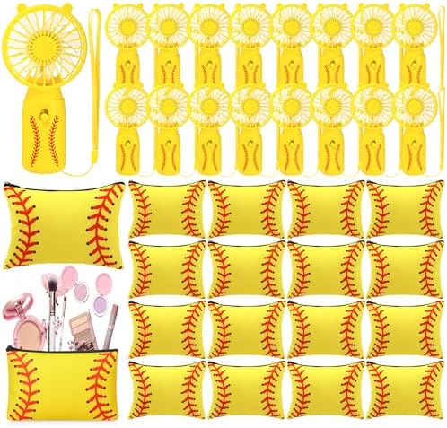 Tuanse 32 Pcs Softball Handheld Fan with Makeup Bags, Softball Swag Gift Bulk Party Favors for Team, Mini Portable Battery Powered Fan, Yellow