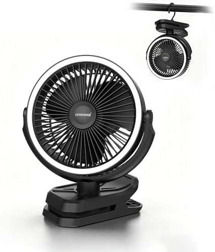 Clip on Fan 16000mAh: Portable Rechargeable Clamp Fan for Stroller Bed Camping Tent Golf Cart - Quiet Battery Operated with 3 Speed Strong Airflow LED Light Hook for Office Desk Outdoor (Black)