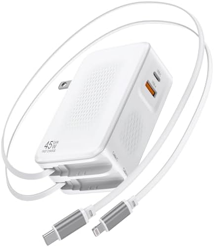 4 in 1 Retractable Wall Charger with Dual Cables,45W GaN USB C Charger Block with Dual USB Ports,Multiport Type C PD+QC Power Plug for All iPhone 17 16 15 iPad Samsung Pixel Series,Travel Essentials