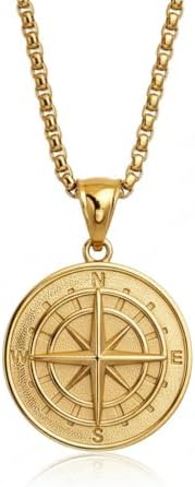 Men's Compass Necklace Stainless Steel, Fashionable Durable Hypoallergenic, Compass Pendant Gift with Guiding Meaning, for Daily Wear, Birthday Gift for Dad Boyfriend Husband,Black，Gold，Silver